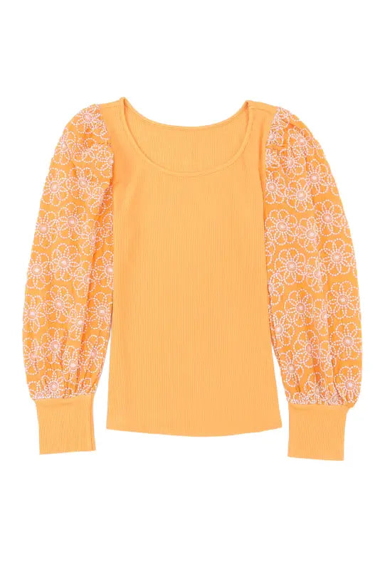 Yellow flower puff sleeve ribbed knit top - tops