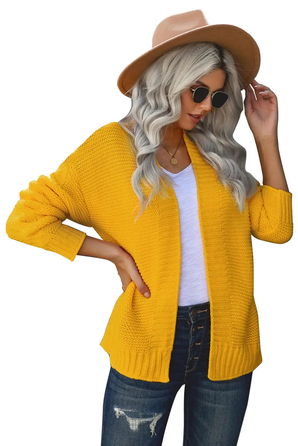 Yellow open front chunky knit cardigan - sweaters & cardigans