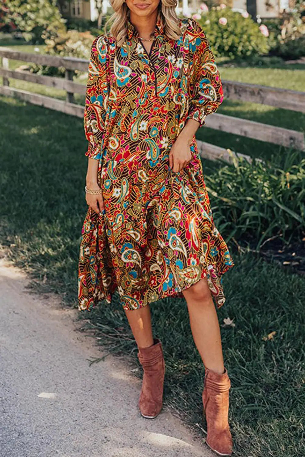Yellow paisley mixed print collared 3/4 sleeve midi dress - l / 100% polyester - dresses