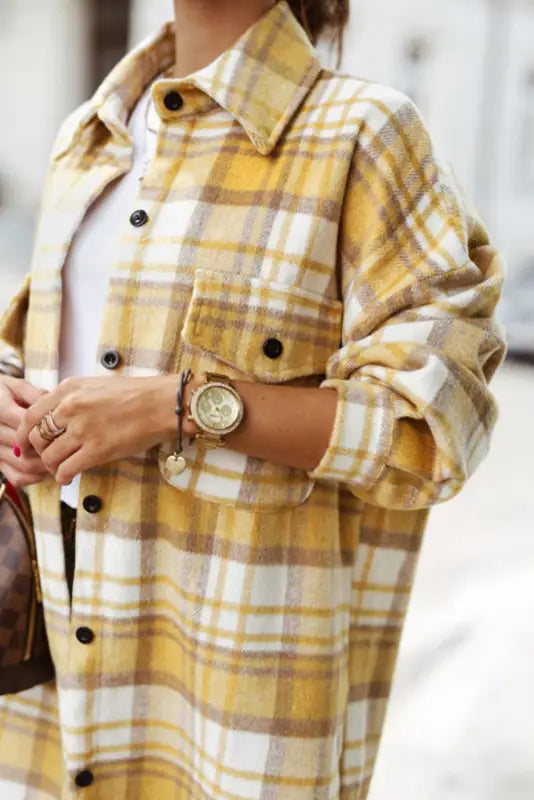 Yellow plaid flap pocket long shacket - shackets