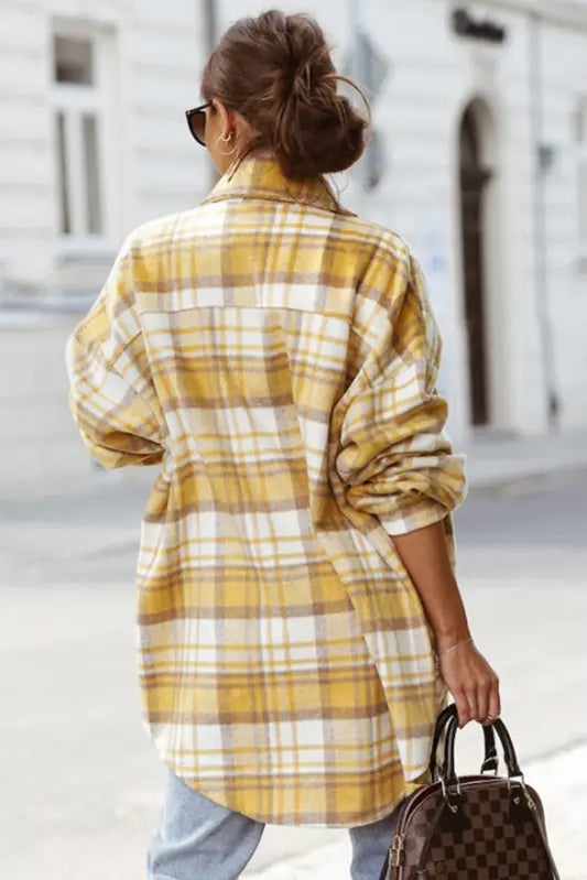 Yellow plaid flap pocket long shacket - shackets