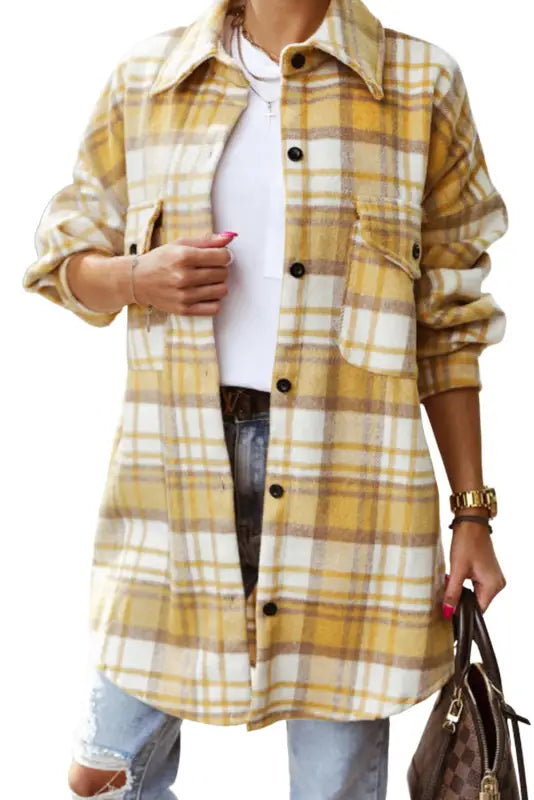 Yellow plaid flap pocket long shacket - shackets