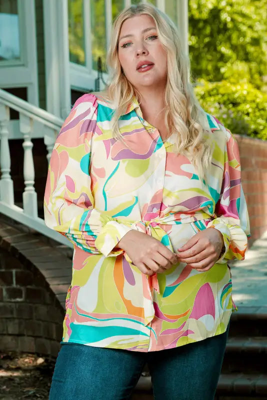 Yellow plus size abstract print loose tunic shirt