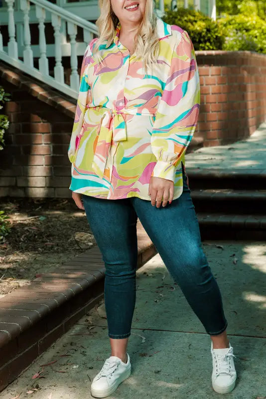 Yellow plus size abstract print loose tunic shirt