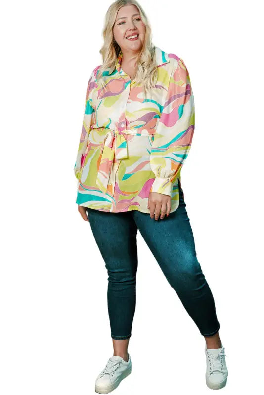 Yellow plus size abstract print loose tunic shirt