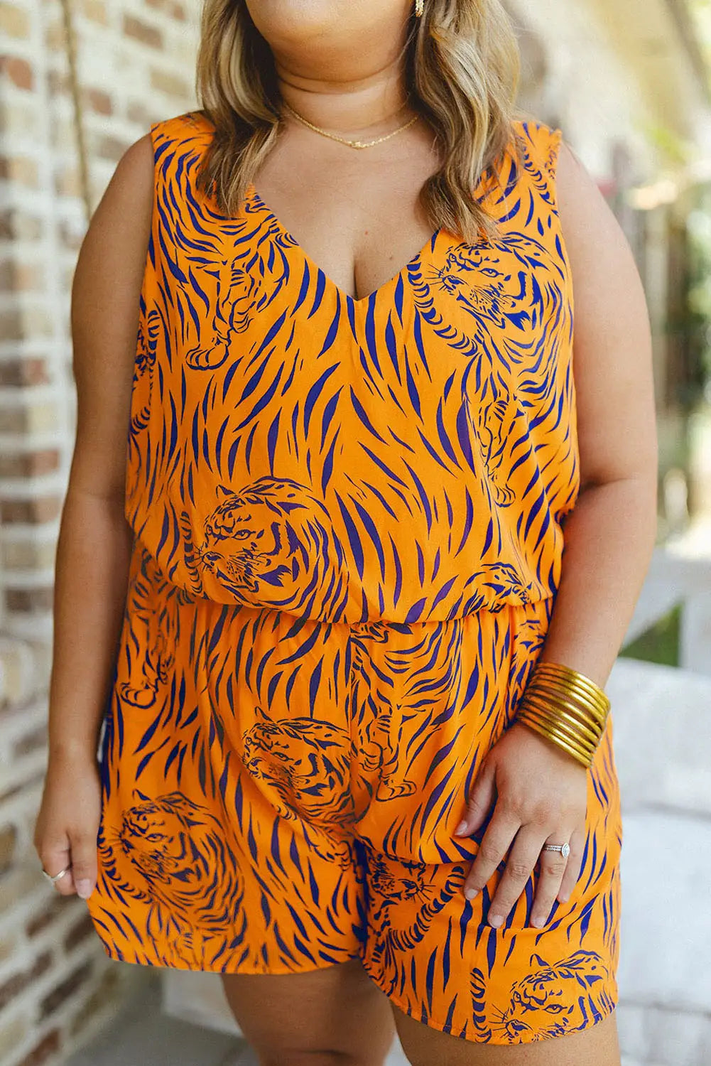 Yellow plus size tiger print sleeveless v neck romper - 1x 100% polyester