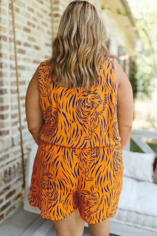 Yellow plus size tiger print sleeveless v neck romper