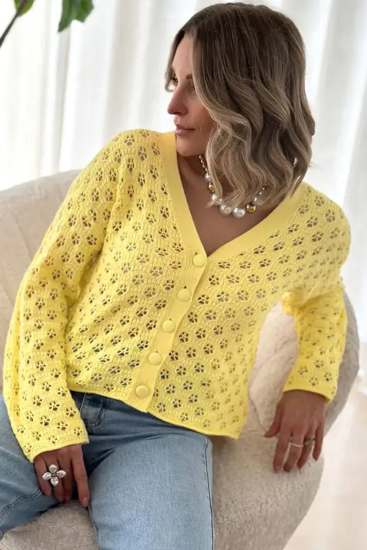 Yellow pointelle cardigan | fashionfitz