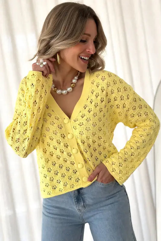 Yellow pointelle cardigan | fashionfitz