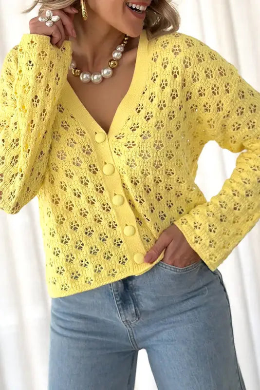 Yellow pointelle cardigan | fashionfitz