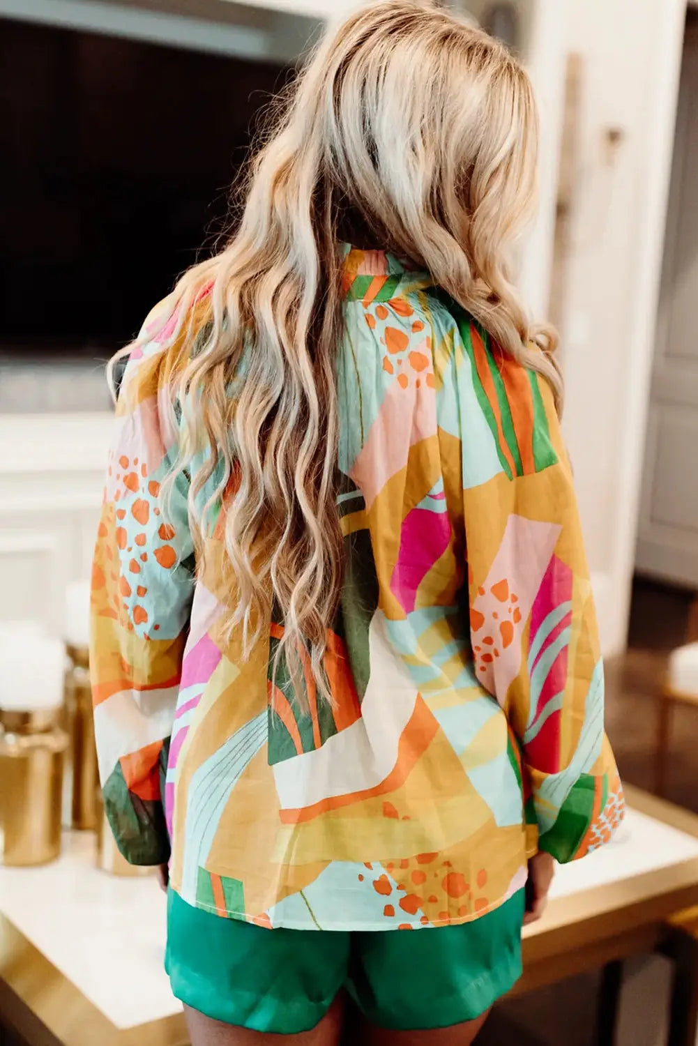 Yellow printed abstract print balloon sleeve notched neck