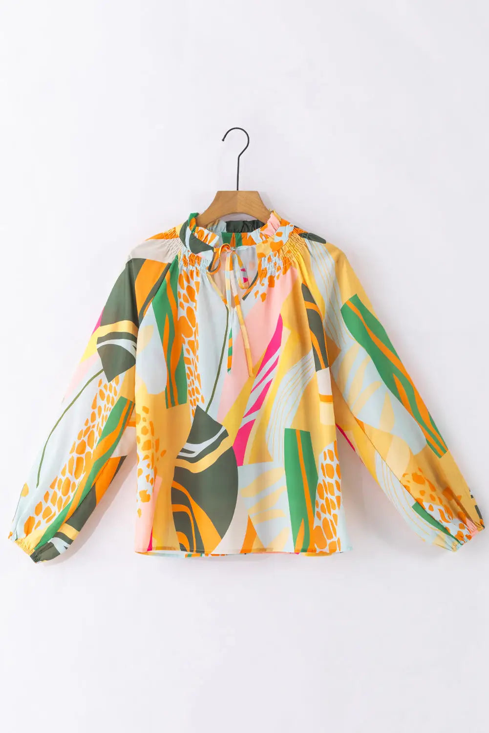 Yellow printed balloon sleeve notched neck blouse - blouses & shirts