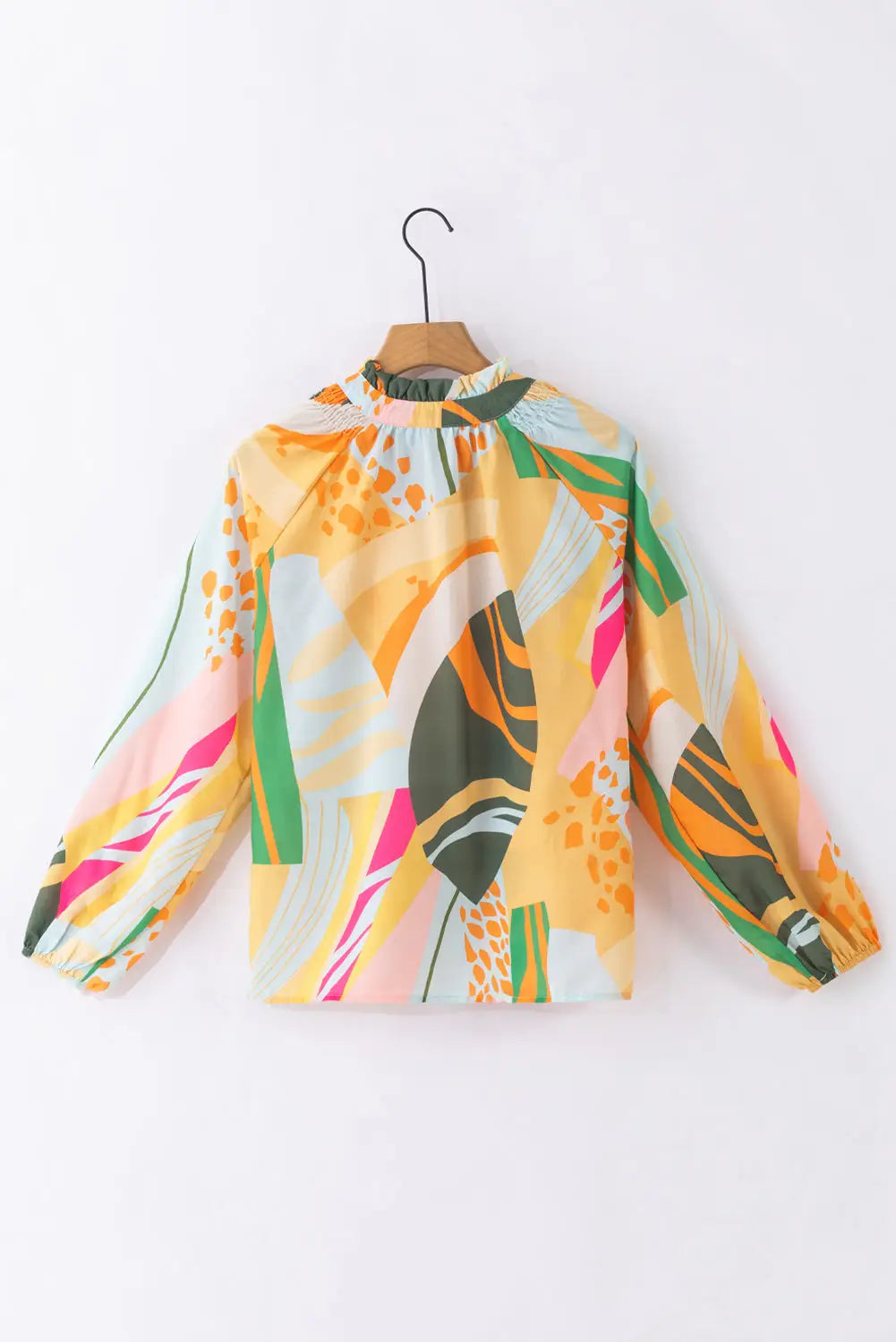 Yellow printed balloon sleeve notched neck blouse - blouses & shirts