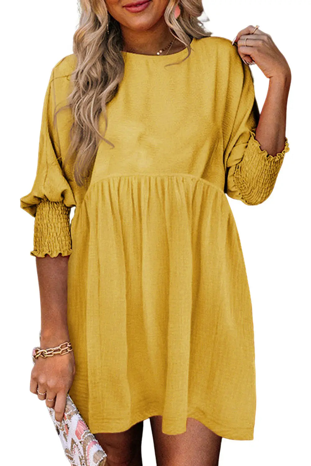 Yellow solid shirred cuffs short swing dress - mini dresses