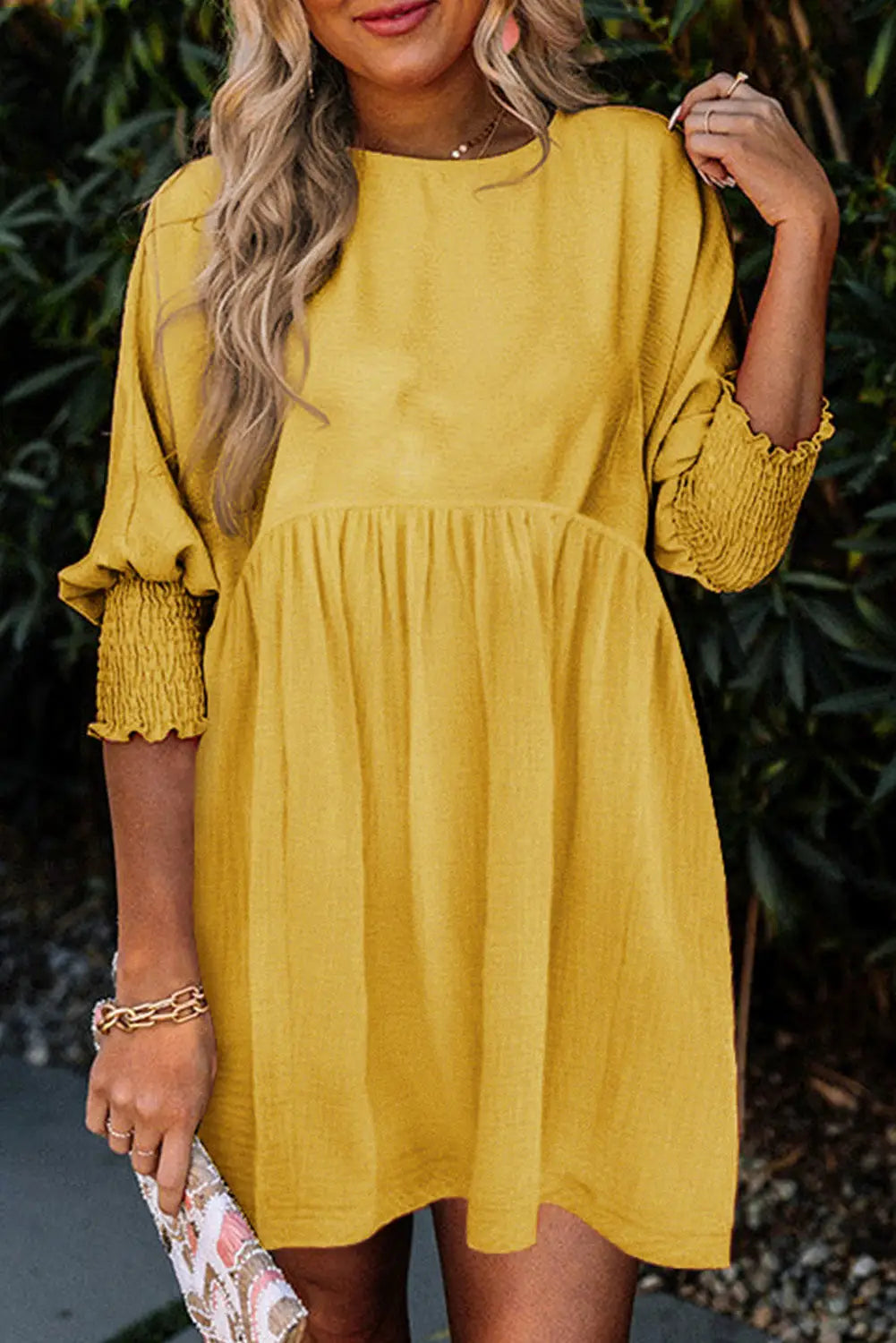 Yellow solid shirred cuffs short swing dress - s / 100% polyester - mini dresses
