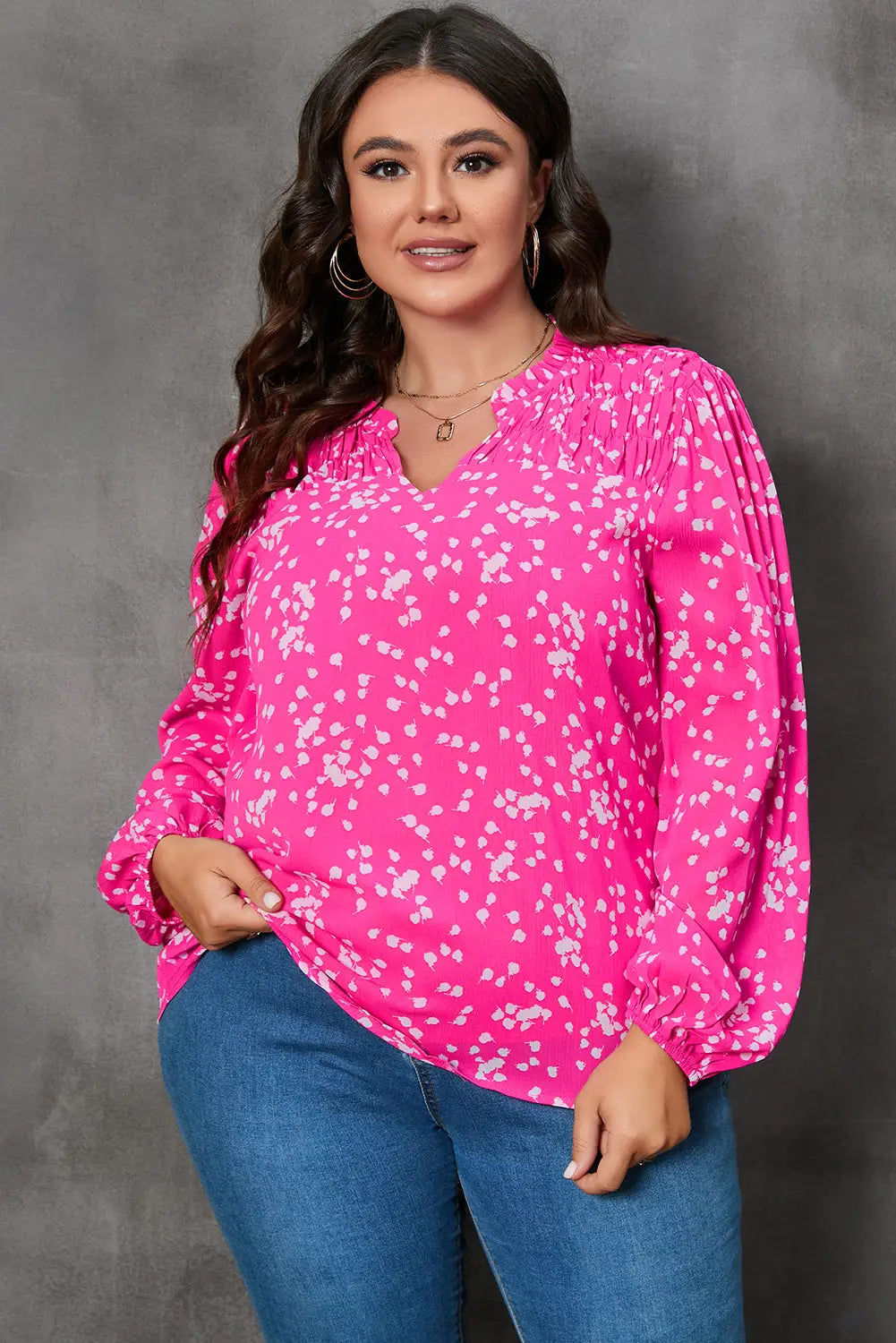 Yellow split neck fall printed crinkled blouse - dark pink / 1x / 100% polyester - tops