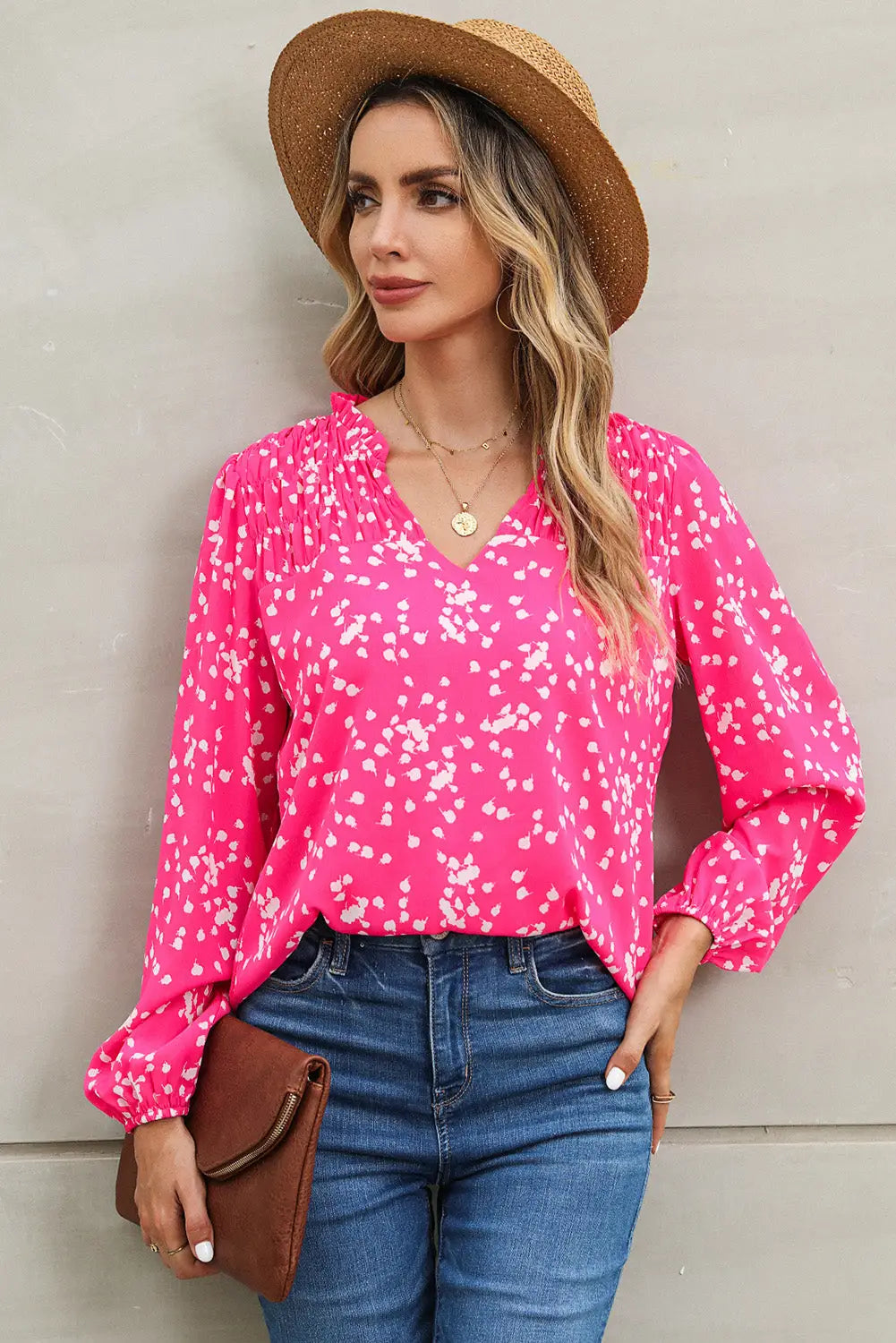 Yellow split neck fall printed crinkled blouse - pink / s / 100% polyester - tops