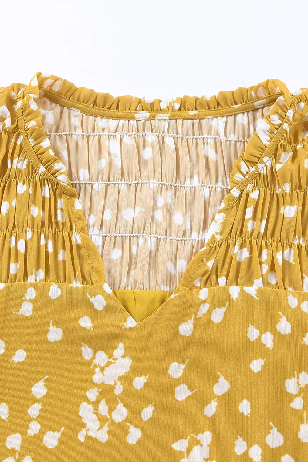 Yellow split neck fall printed crinkled blouse - tops
