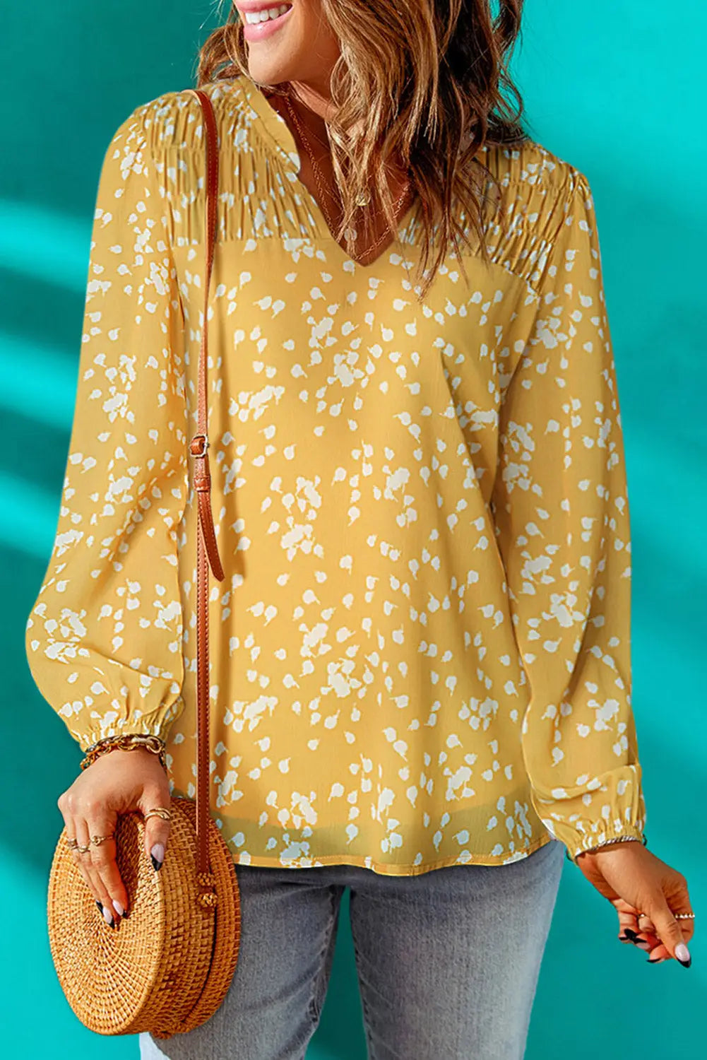 Yellow split neck fall printed crinkled blouse - tops