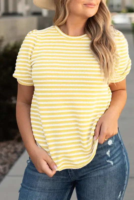 Yellow stripe short puff sleeve plus size jumper - 1x / 95% polyester + 5% elastane