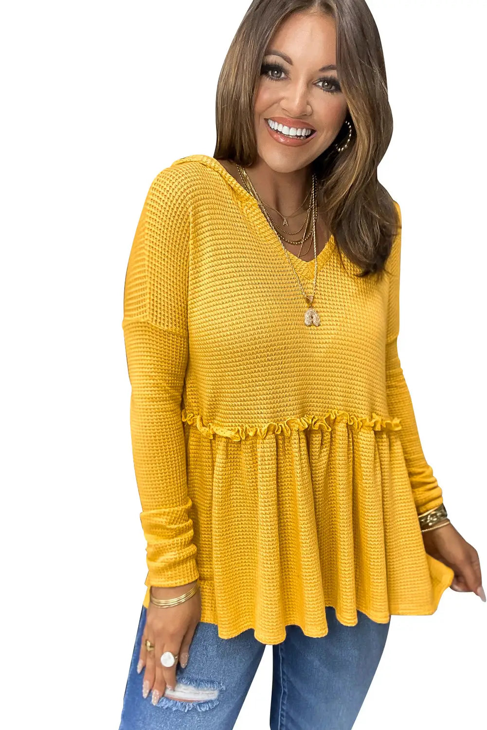 Yellow v neck drop shoulder hooded flowy top with frill - sweatshirts & hoodies