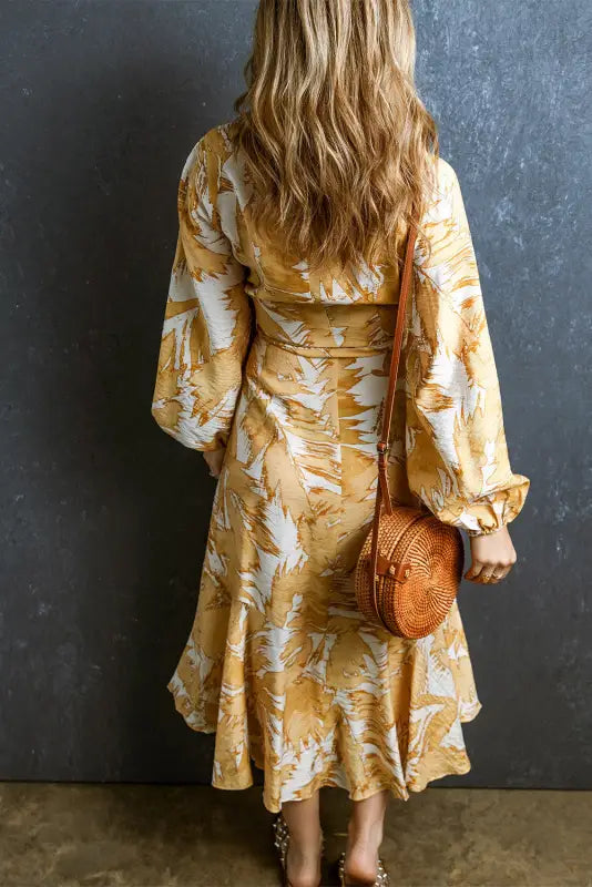 Yellow v neck wrap lace up bubble sleeve floral dress - dresses