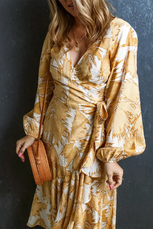 Yellow v neck wrap lace up bubble sleeve floral dress - dresses