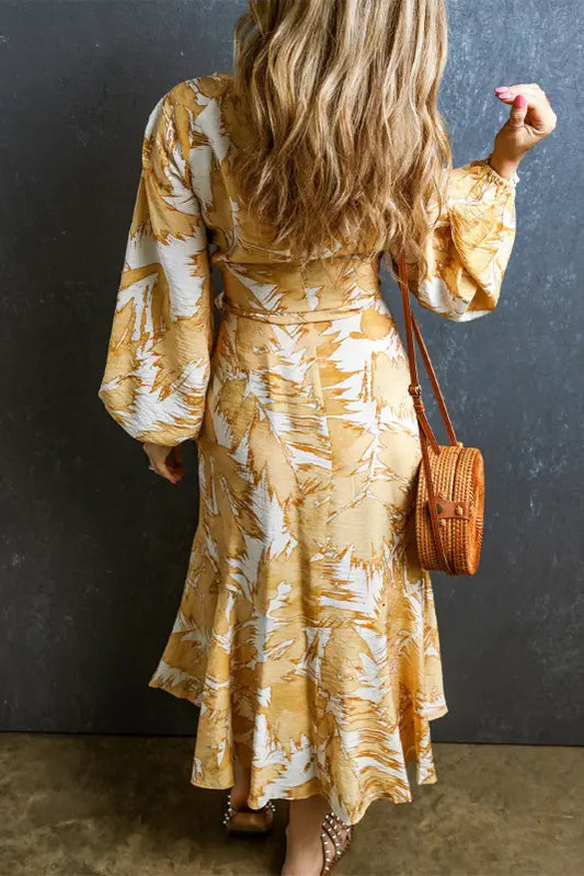 Yellow v neck wrap lace up bubble sleeve floral dress - dresses