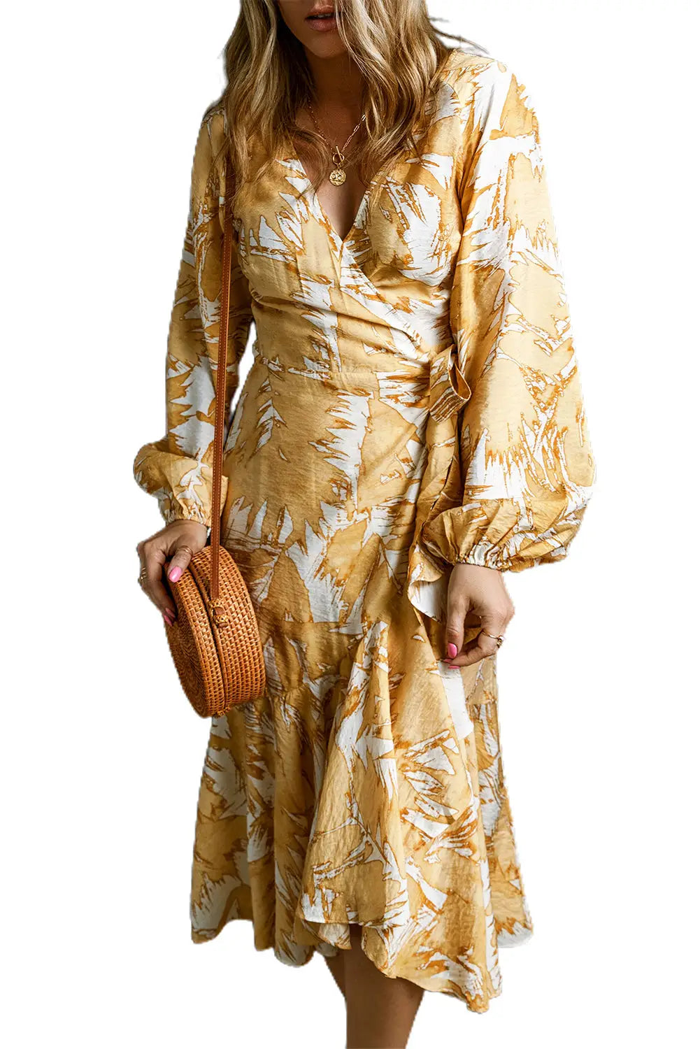 Yellow v neck wrap lace up bubble sleeve floral dress - dresses