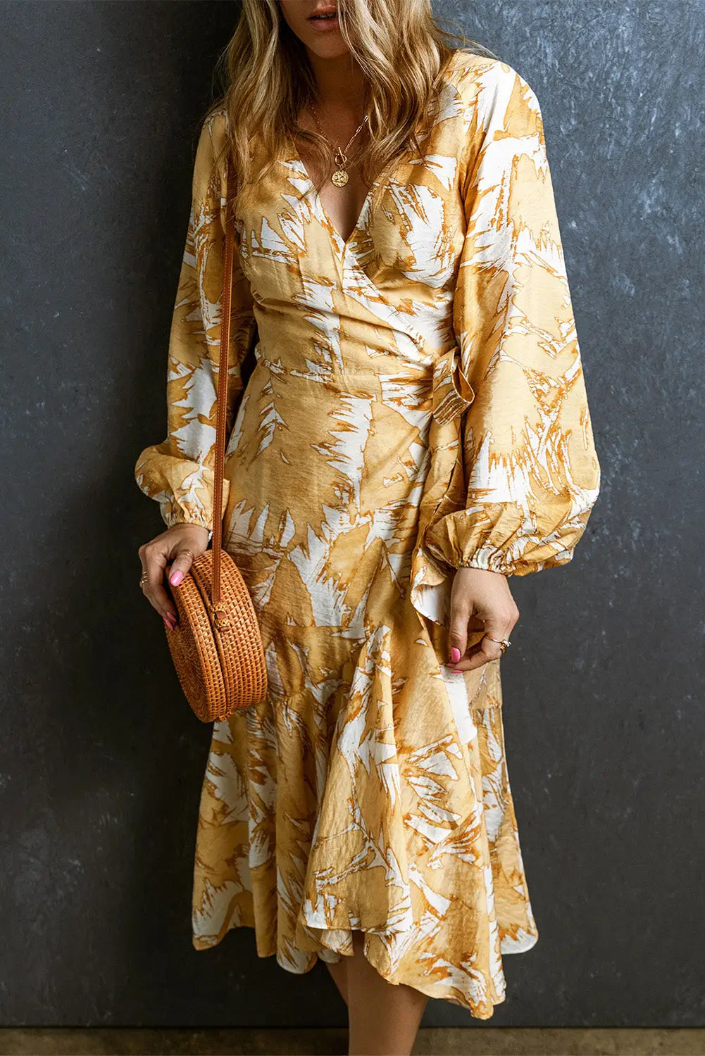 Yellow v neck wrap lace up bubble sleeve floral dress - s / 81% viscose + 19% polyamide - dresses