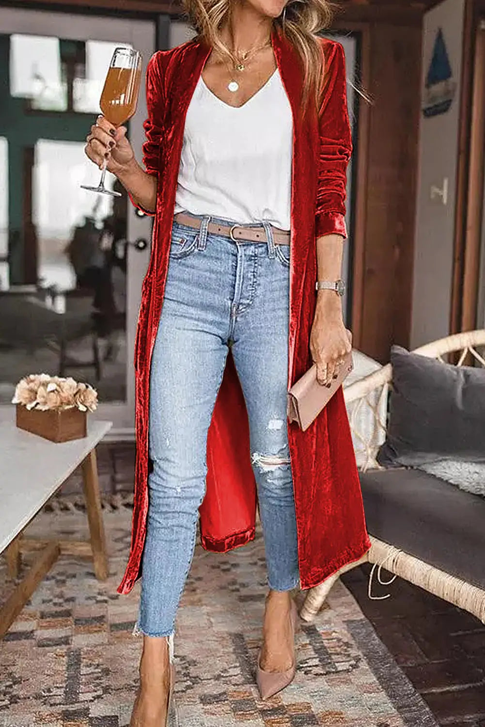 Yellow velvet open front pocketed long duster - red / s /