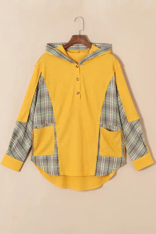 Yellow waffle knit plaid patchwork pocketed henley hoodie - sweatshirts & hoodies