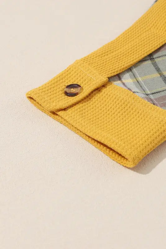 Yellow waffle knit plaid patchwork pocketed henley hoodie - sweatshirts & hoodies