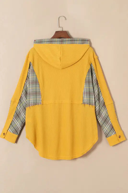 Yellow waffle knit plaid patchwork pocketed henley hoodie - sweatshirts & hoodies