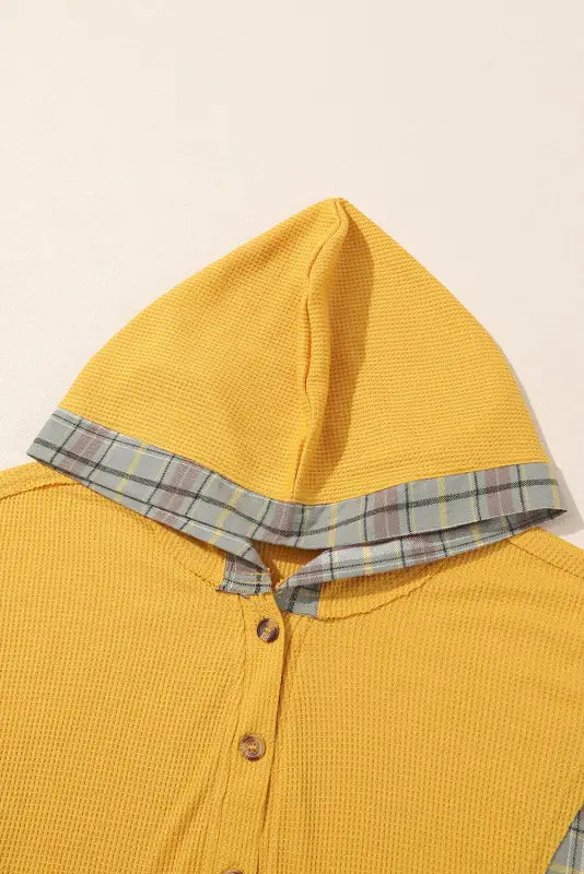 Yellow waffle knit plaid patchwork pocketed henley hoodie - sweatshirts & hoodies