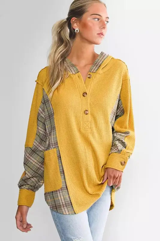 Yellow waffle knit plaid patchwork pocketed henley hoodie - sweatshirts & hoodies