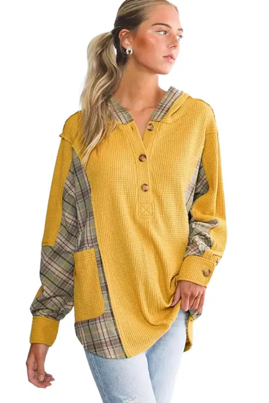 Yellow waffle knit plaid patchwork pocketed henley hoodie - sweatshirts & hoodies