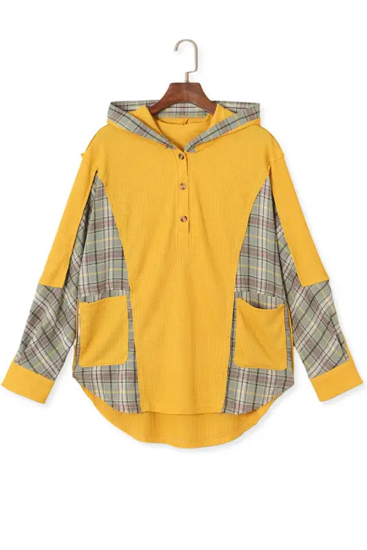 Yellow waffle knit plaid patchwork pocketed henley hoodie - sweatshirts & hoodies