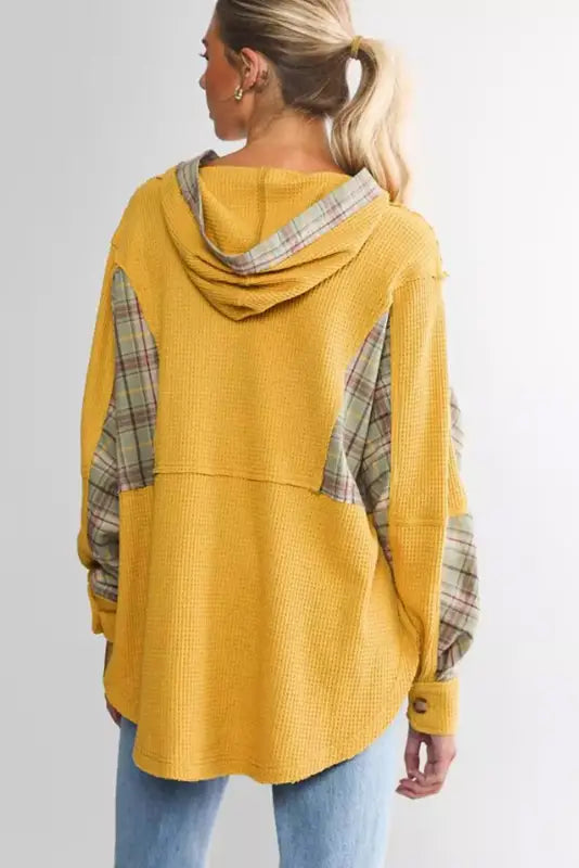 Yellow waffle knit plaid patchwork pocketed henley hoodie - sweatshirts & hoodies