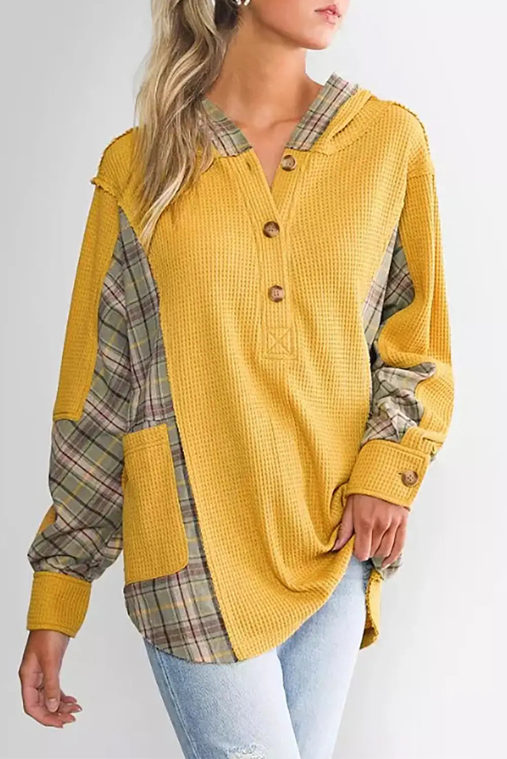 Yellow waffle knit plaid patchwork pocketed henley hoodie - s / 95% polyester + 5% elastane - sweatshirts & hoodies