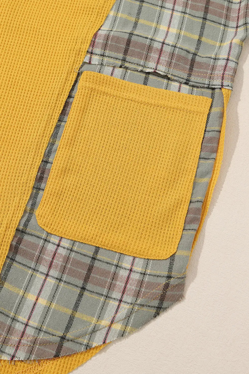 Yellow waffle knit plaid patchwork pocketed henley hoodie - sweatshirts & hoodies