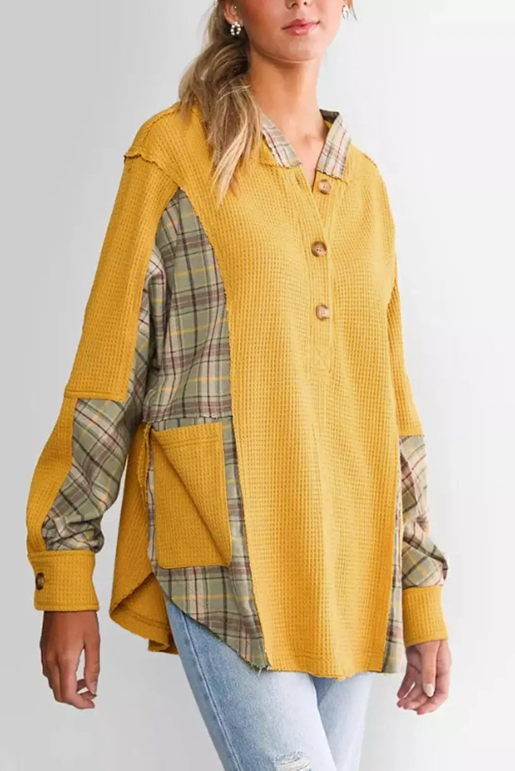 Yellow waffle knit plaid patchwork pocketed henley hoodie - sweatshirts & hoodies