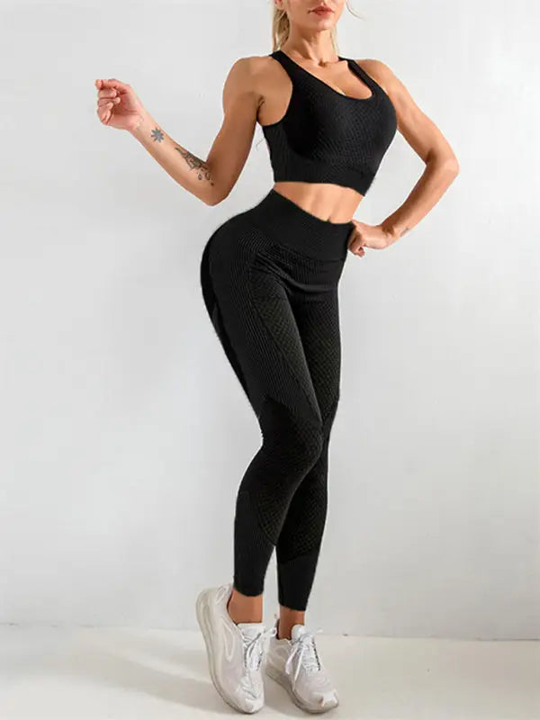 Yoga tank top + high waist tight pants two-piece set - black / s - activewear leggings sets