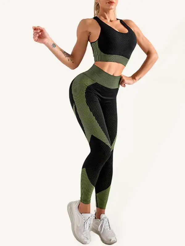Yoga tank top + high waist tight pants two-piece set - olive green / s - activewear leggings sets