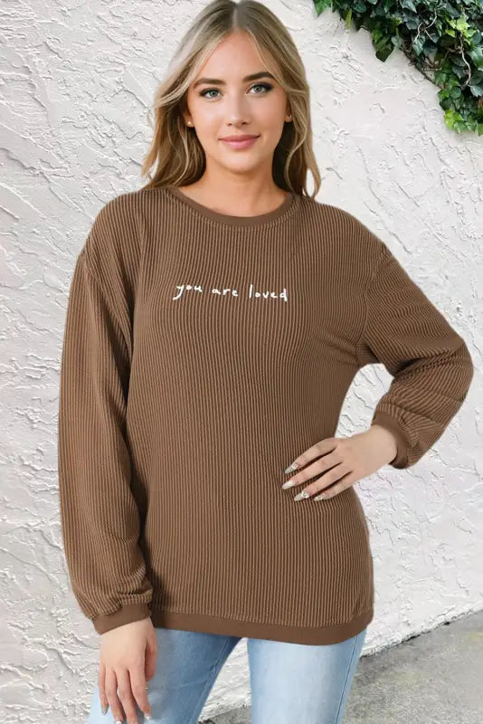 Blackish green you are loved print corduroy sweatshirt - sweatshirts & hoodies