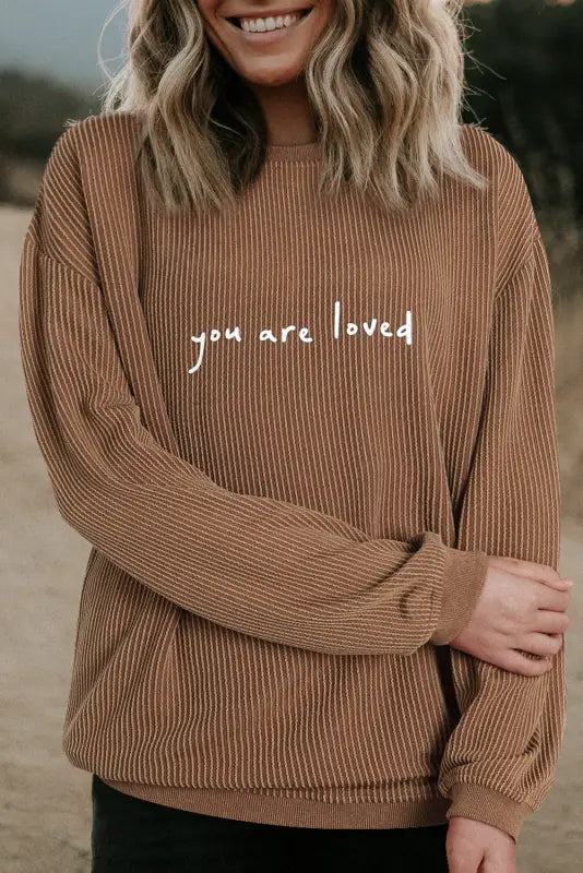 Blackish green you are loved print corduroy sweatshirt - khaki / s / 75% polyester + 20% viscose + 5% elastane