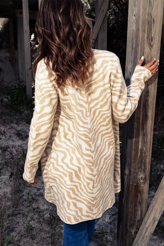 Zebra print open front long cardigan - apricot / 2xl / 57% viscose + 27% polyester + 16% polyamide - cardigans