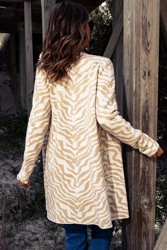 Zebra print open front long cardigan - apricot / 2xl / 57% viscose + 27% polyester + 16% polyamide - cardigans