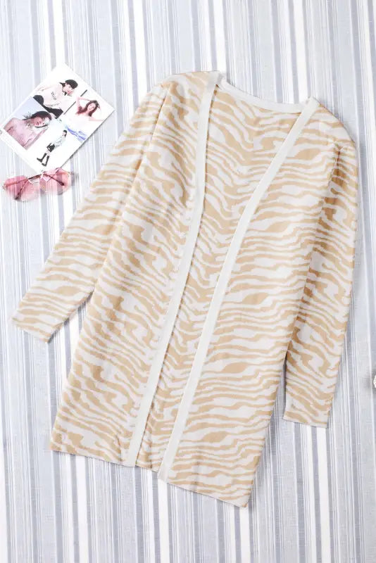 Zebra print open front long cardigan - apricot / 2xl / 57% viscose + 27% polyester + 16% polyamide - cardigans