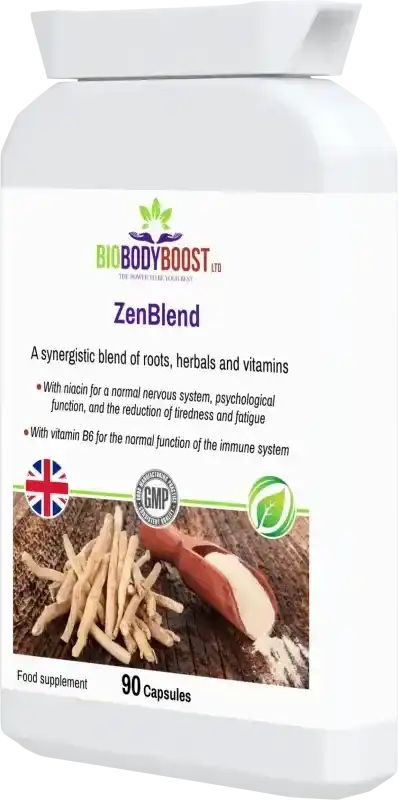 ZenBlend Ashwagandha Complex angled view — stress resilience and energy support supplement, BioBodyBoost UK